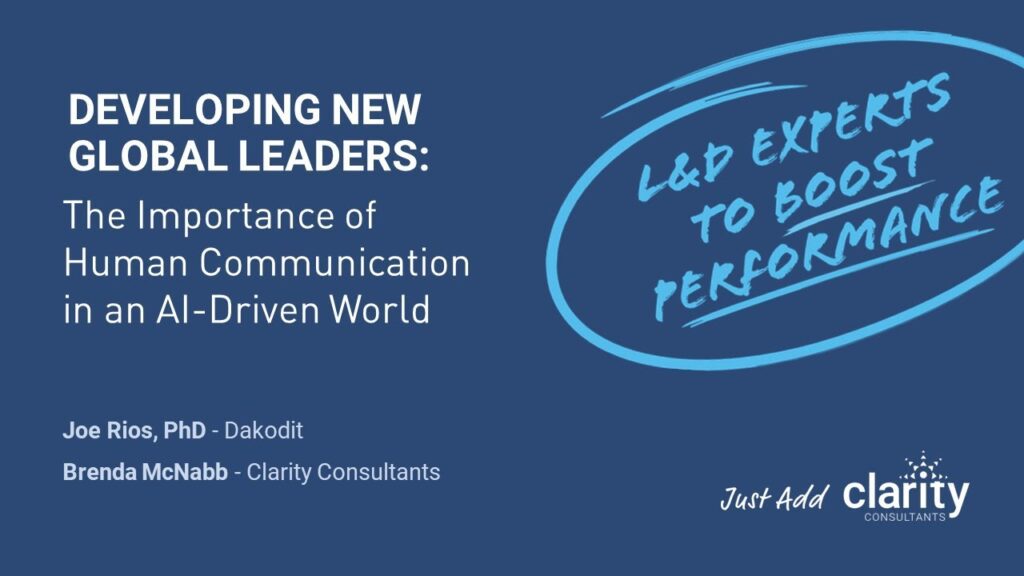 Slide titled "Developing New Global Leaders: The Importance of Human Communication in an AI-Driven World," featuring a blue background and presenter names Joe Rios and Brenda McNabb.