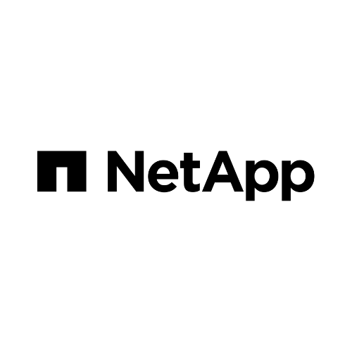 NetApp logo featuring a black geometric icon to the left of the bold text "NetApp" on a light grey background.