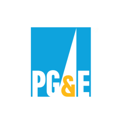 PG&E logo with blue background, large white letters "PG" and "E," and an orange ampersand "&" in the center, featuring a white triangle.
