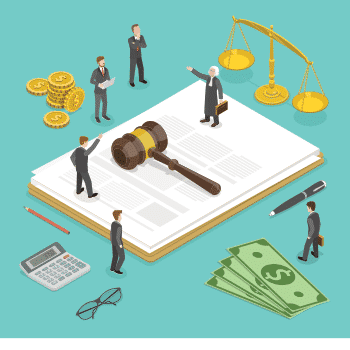 Illustration of legal and financial symbols, including a gavel, scales, coins, cash, calculator, documents, and small figures in business attire, representing law and finance concepts.