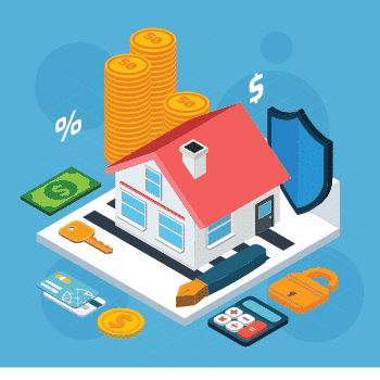 Illustration of a house surrounded by coins, dollar bills, a key, a pen, a credit card, a calculator, a shield, and a padlock, symbolizing financial aspects of homeownership.