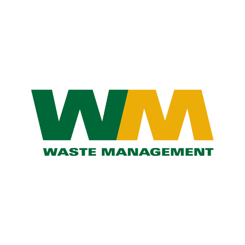 Waste Management logo with large green "W" and yellow "M" above the words "Waste Management" in green, on a light gray background.