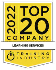 Yellow badge displaying "2022 Top 20 Company Learning Services, Training Industry" in black and white text.