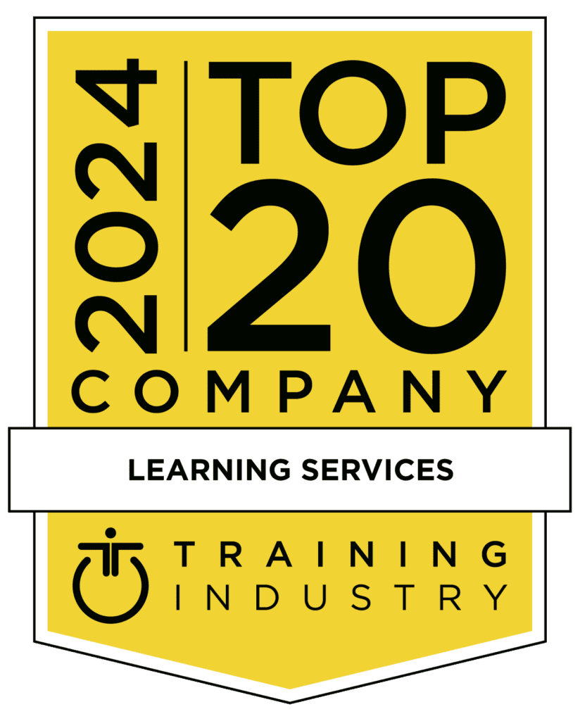 A yellow badge displaying "2024 Top 20 Company—Learning Services" awarded by Training Industry.