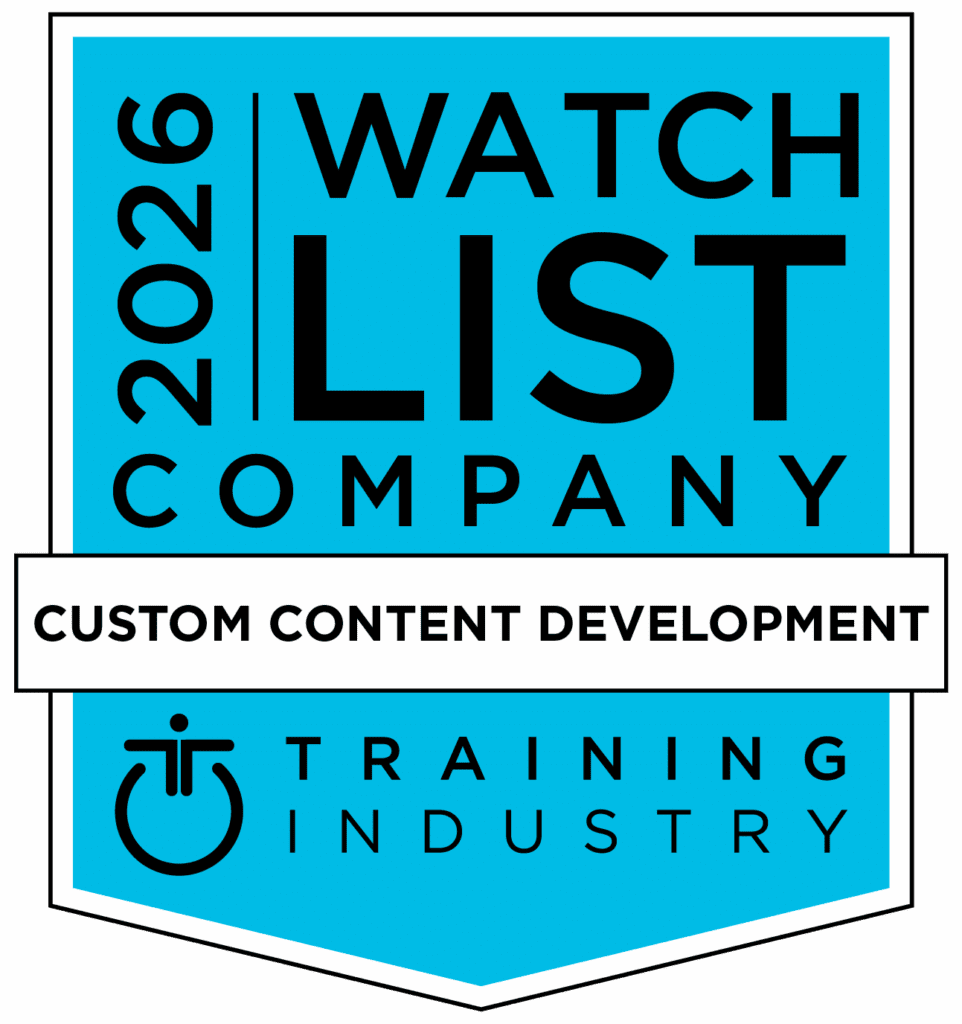 Blue and white badge reading "2026 Watch List Company, Custom Content Development, Training Industry" with a logo at the bottom.
