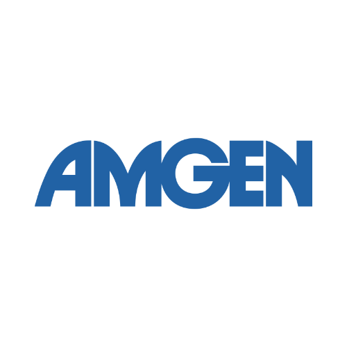 Amgen logo in bold, blue uppercase letters on a plain light gray background.