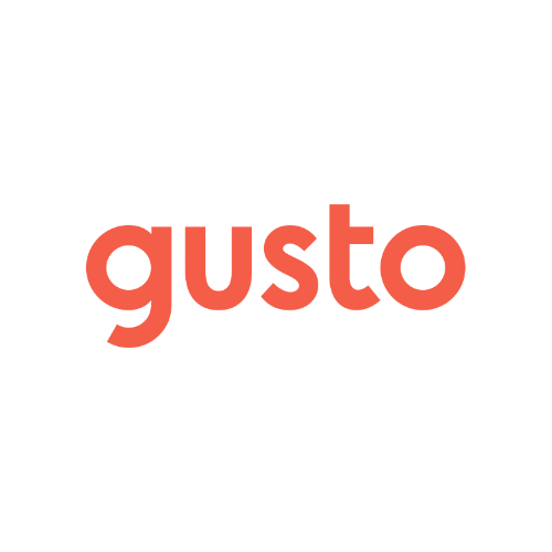The word "gusto" is displayed in lowercase, bold, rounded orange-red letters on a light gray background.