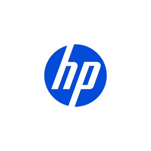 Blue HP logo with lowercase "hp" letters inside a blue circle on a light gray background.