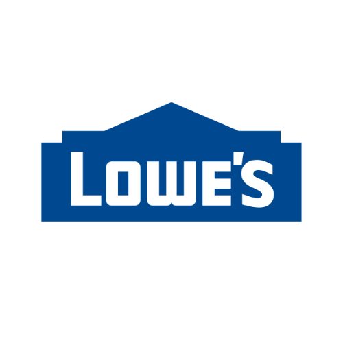 The Lowe's logo features the company name in white, bold letters on a blue, house-shaped background.