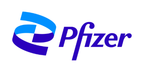 Pfizer logo featuring a blue, stylized double helix design to the left of the word "Pfizer" in blue text on a white background.