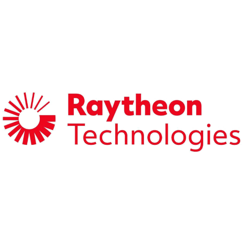 Raytheon Technologies logo featuring a red geometric symbol and the company name in bold red text on a white background.