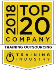 Yellow badge with black text reads “2018 Top 20 Company, Training Outsourcing, Training Industry” with a circular logo at the bottom.