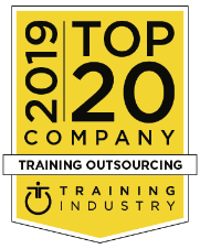 Yellow badge displaying "2019 Top 20 Company" for training outsourcing, awarded by Training Industry.