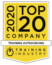 Yellow badge with text: "2020 Top 20 Company, Training Outsourcing, Training Industry" and a stylized logo at the bottom.