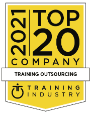 A yellow badge labeled "2021 Top 20 Company, Training Outsourcing" from Training Industry.
