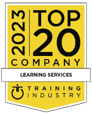 Yellow badge with black text reads "2023 Top 20 Company, Learning Services, Training Industry," with the Training Industry logo at the bottom.