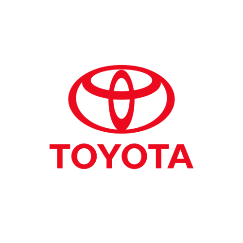 The red Toyota logo with stylized overlapping ovals appears above the word "TOYOTA" in bold red capital letters on a light gray background.
