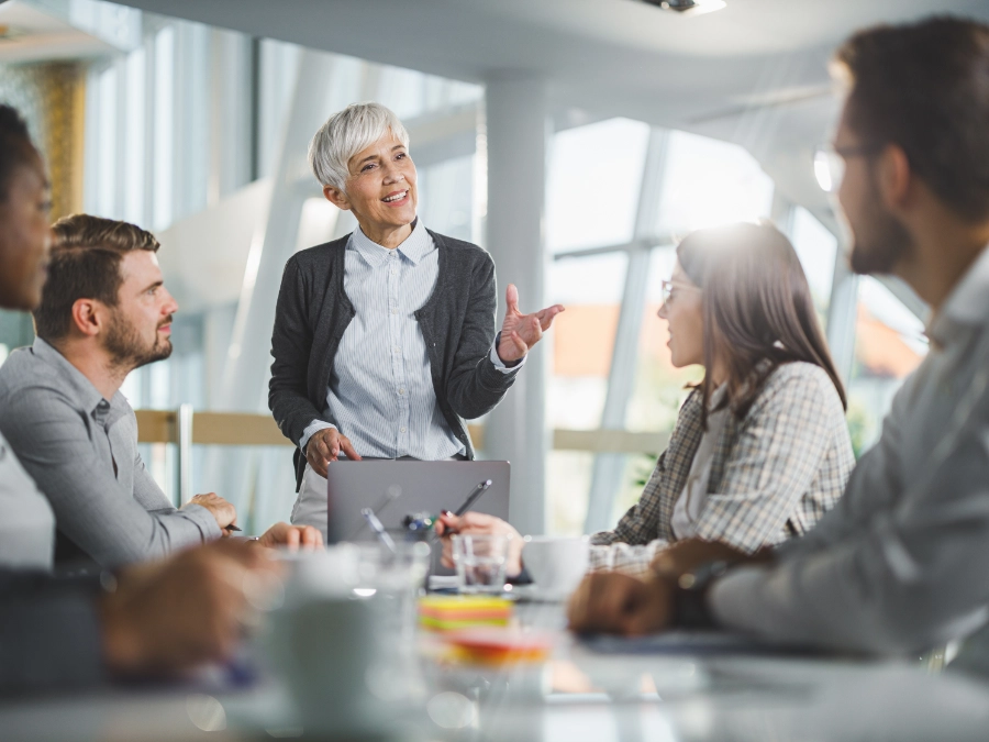 A woman stands and speaks to four colleagues seated around a conference table during a meeting in a modern office.