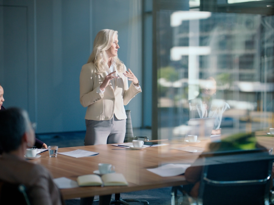 A woman stands and speaks to a group of people seated around a conference table in a modern office setting with large windows.