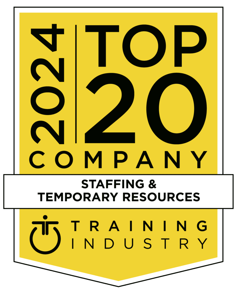 Yellow badge displaying "2024 Top 20 Company, Staffing & Temporary Resources" and "Training Industry" with a stylized logo.