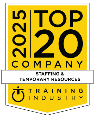 Yellow badge stating "2025 Top 20 Company" for staffing and temporary resources, awarded by Training Industry.