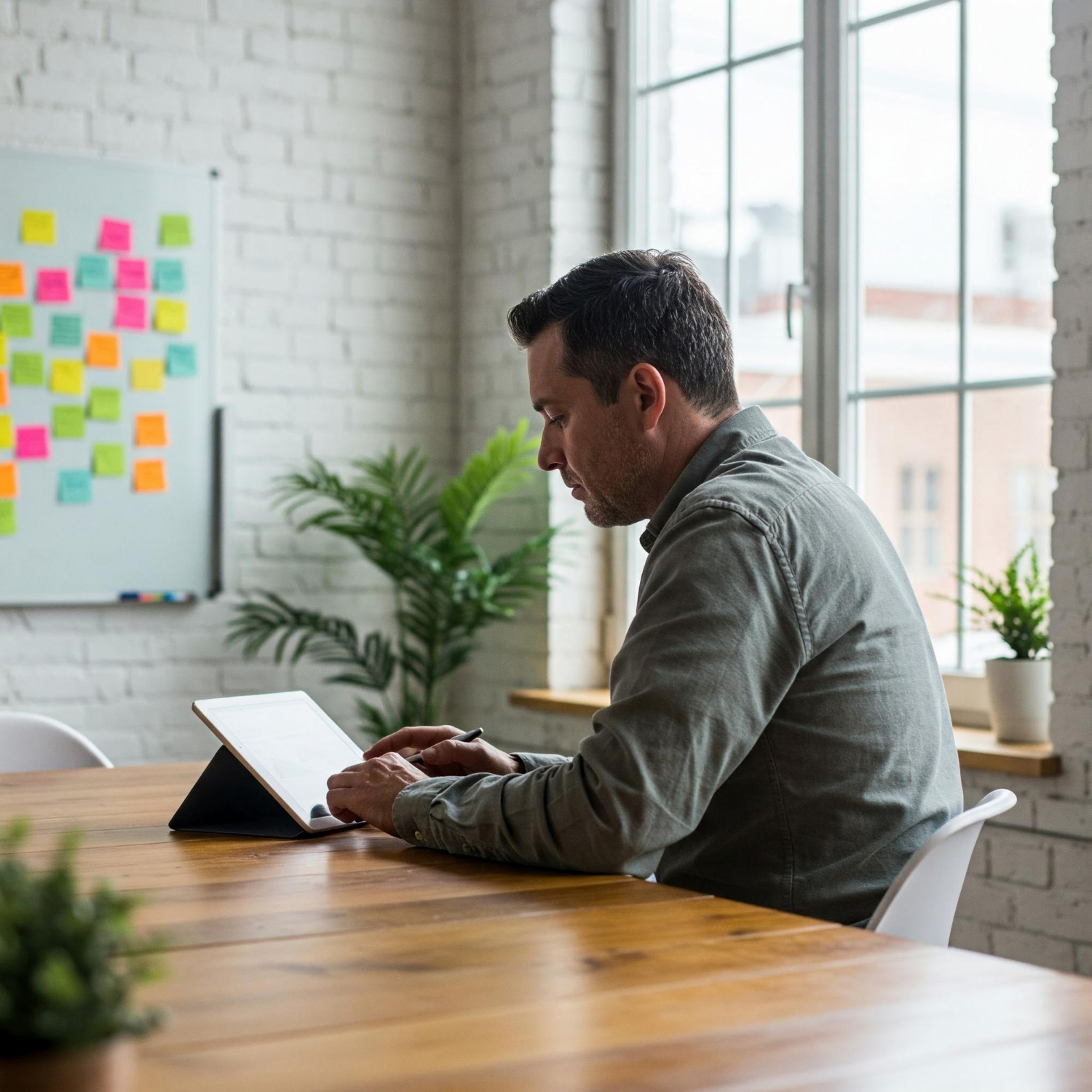 A man sits at a wooden table in a bright office, working on a tablet. There are plants, large windows, and a whiteboard with colorful sticky notes in the background.